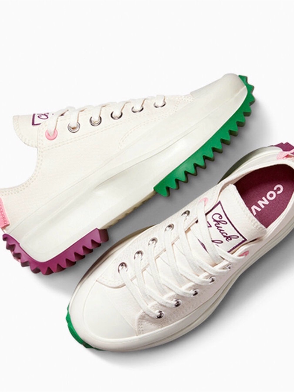 RUN STAR HIKE Cream Platform Sneakers with Green and Pink Sawtooth Soles